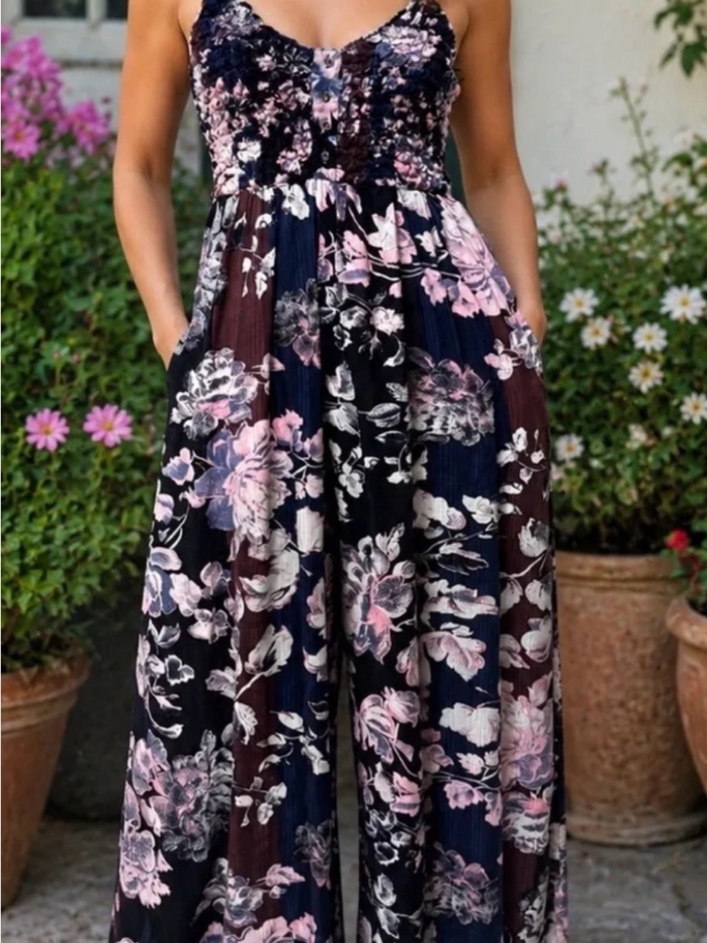 Free People Melrose Smocked Navy & Pink Floral Smocked Jumpsuit